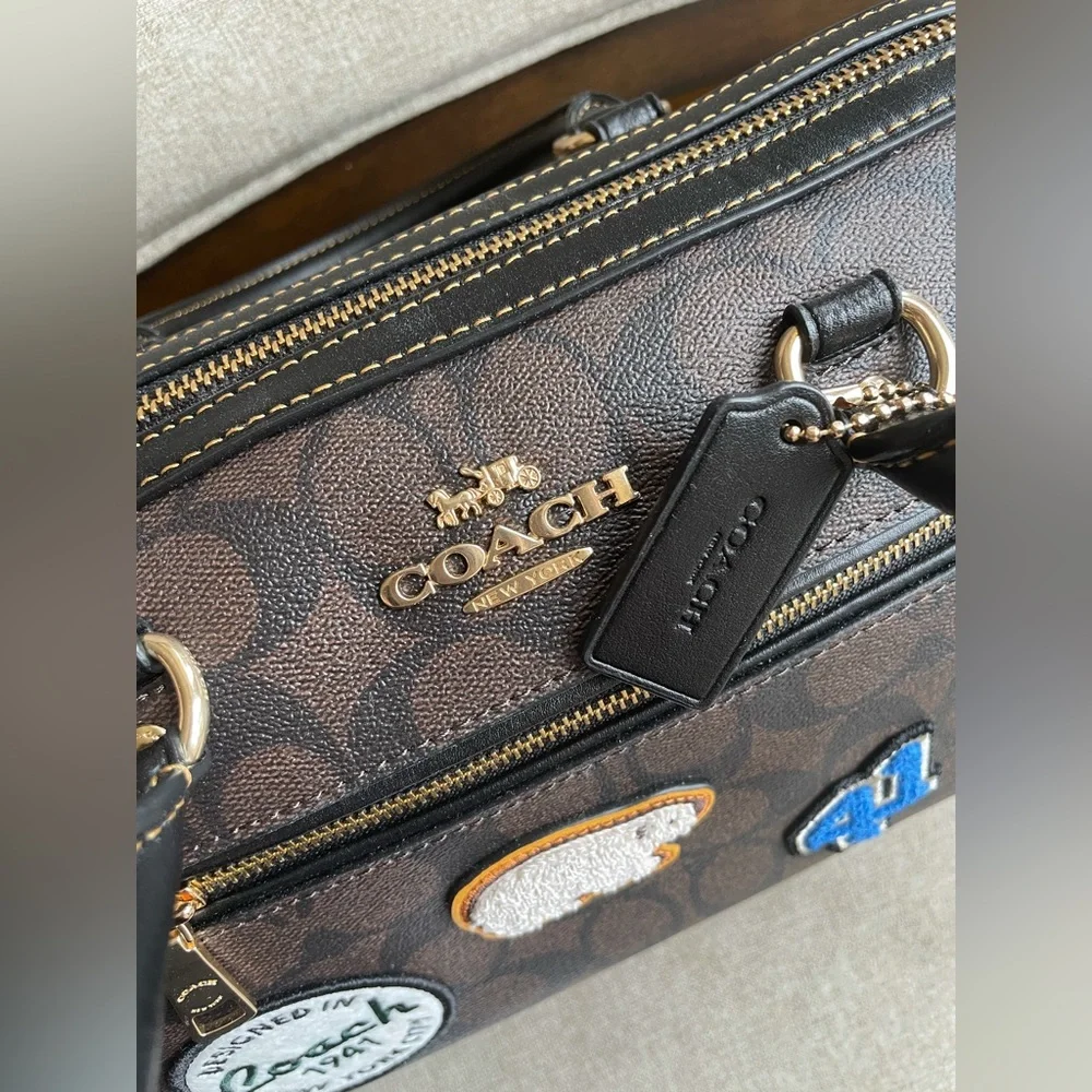 NWT!COACH ROWAN SATCHEL IN SIGNATURE CANVAS WITH SKI PATCHES (COACH CE592) - Picture 6 of 14